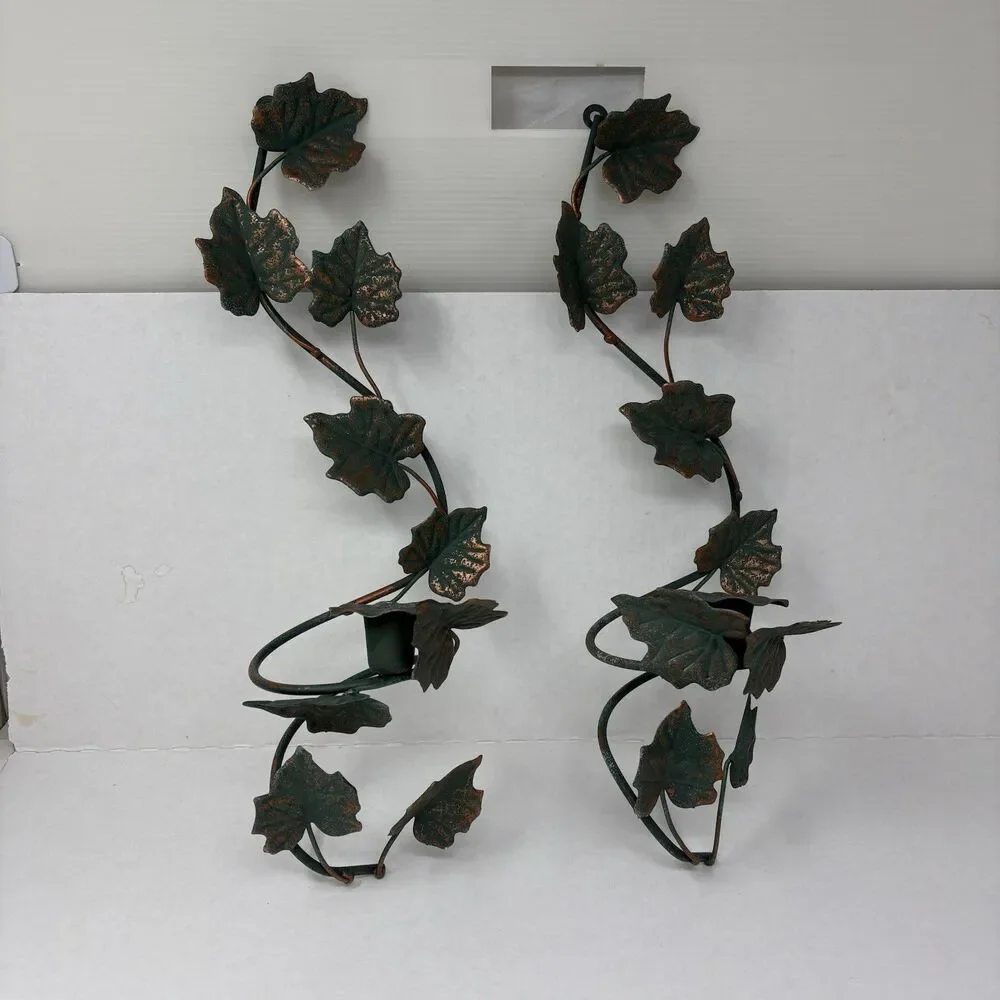 Vintage Home Interiors Metal Ivy Leaf Wall Sconce Candle Holder Pair Green 90s